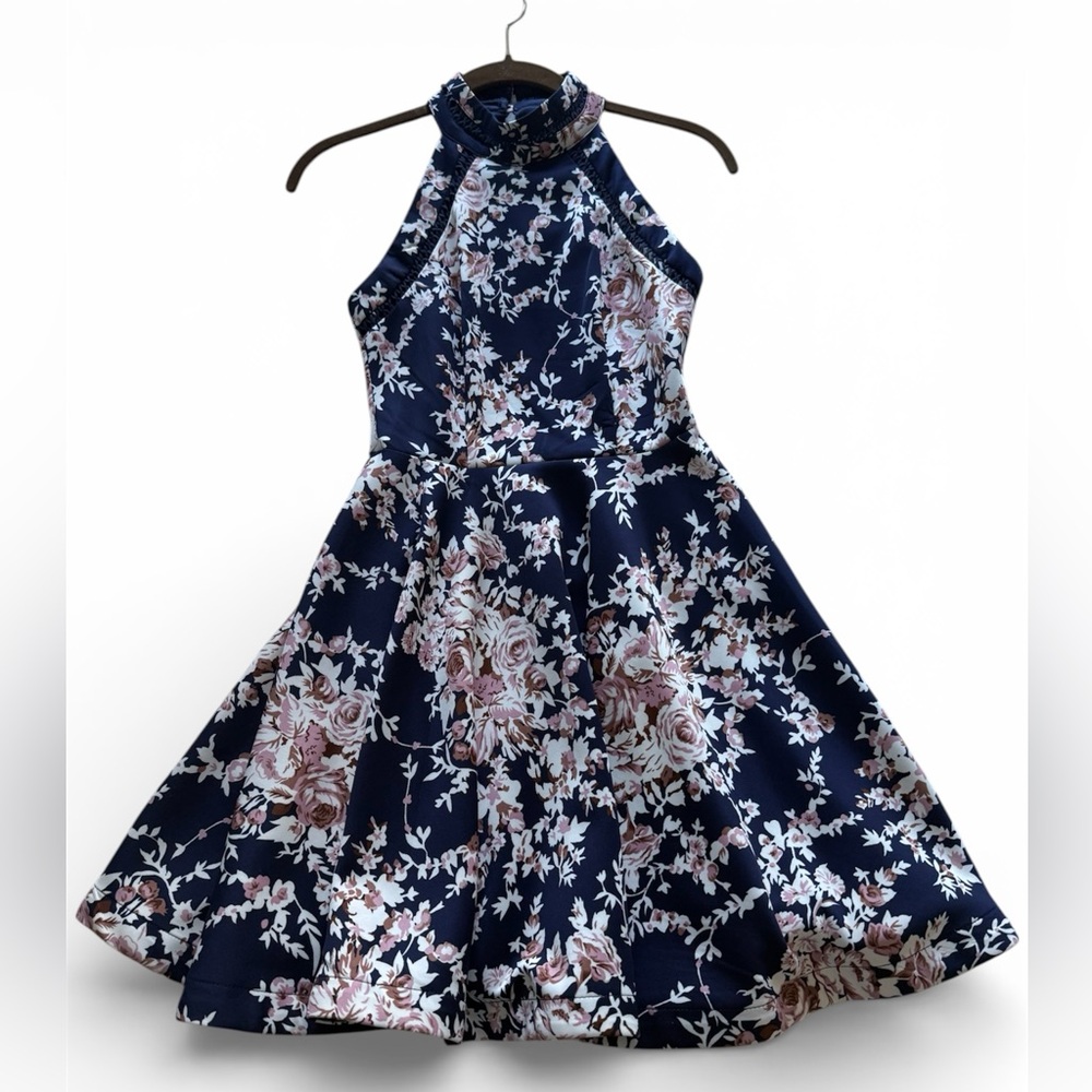 B Darlin Navy Floral Halter Midi Dress with Pink and Cream Roses